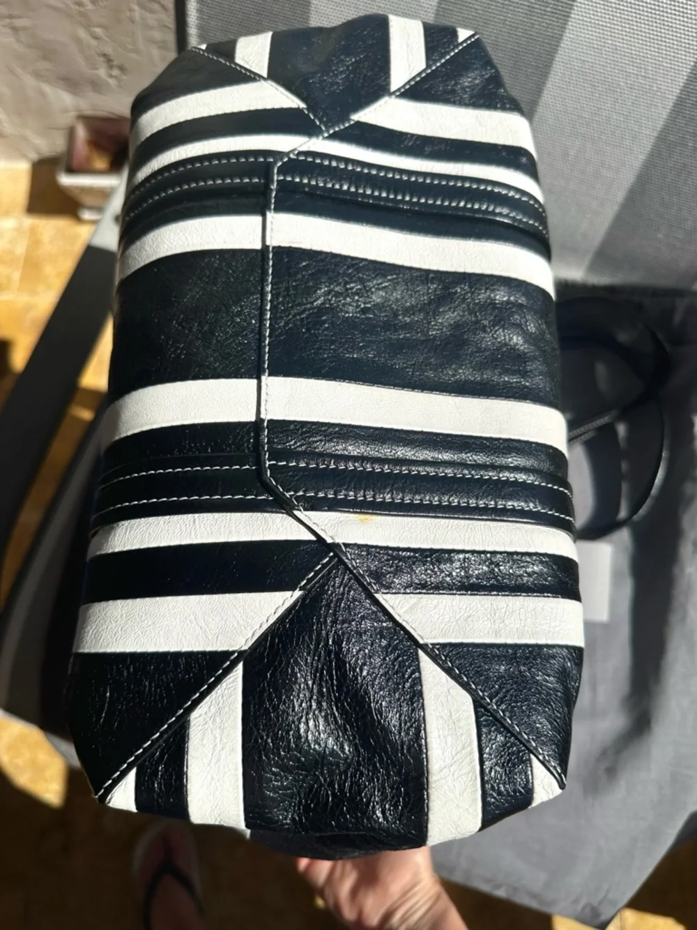 Balenciaga Barbes East-West Shopper Tote Black White Striped Leather Bag - Picture 6 of 16